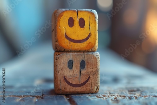 world mental health day concept or feedback rating and positive customer review, wood cube stacking with emotion face icon on blue background