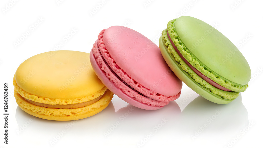 A set of three colorful macaron cookies (yellow, pink, and green) isolated on a white background. A set of three colorful macaron cookies (yellow, pink, and green) isolated on a white background.
