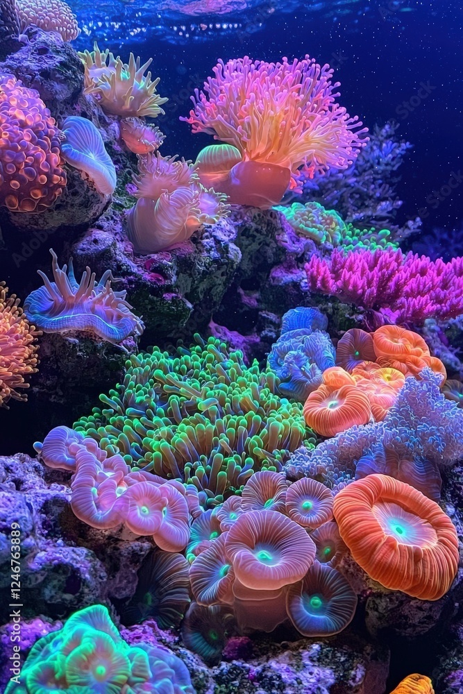 Fototapeta premium A coral reef teeming with glowing marine life.