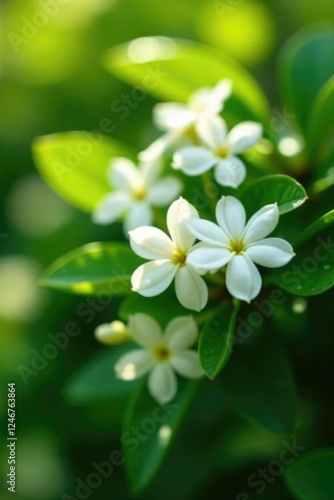 Delicate white jasmine flowers on a lush green bush in soft sunlight, blooming, jasmine, blossom