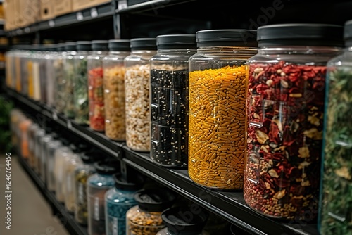 Zero-Waste Grocery Store: A shot of a grocery store aisle filled with bulk bins and reusable containers, promoting the concept of zero-waste shopping