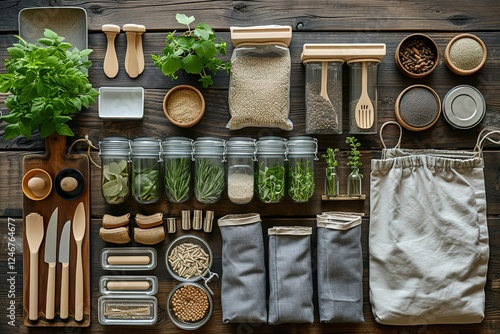 Zero-Waste Lifestyle: An image of a zero-waste kit with reusable items like containers, utensils, and cloth bags