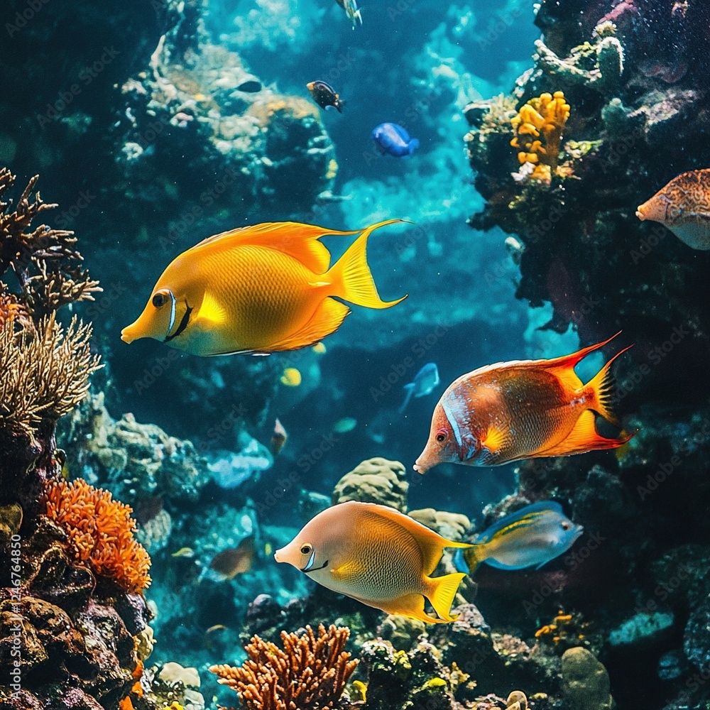 Fototapeta premium Vibrant coral reef with colorful fish swimming.