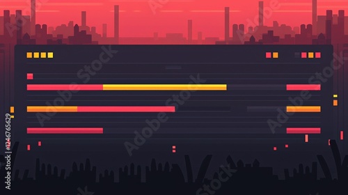 Wallpaper Mural A vibrant, retro-style digital display features colorful bars against a dark silhouette of industrial structures under a pinkish-red sky. Torontodigital.ca