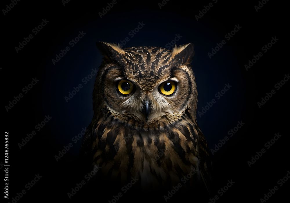 Owl with an intense, serious gaze, staring directly ahead on a dark navy background Owl with an intense, serious gaze, staring directly ahead on a dark navy background