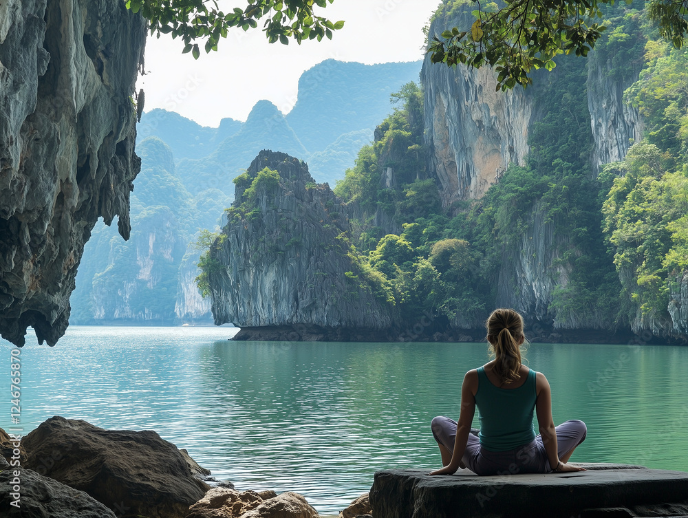 Fototapeta premium Serene Woman Meditating by Tranquil Waters