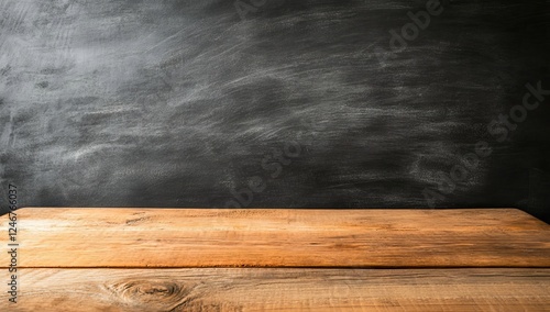 Black Chalkboard Background with Wooden Table for Product Presentation