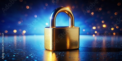 Golden Padlock on Vibrant Blue Background - Secrecy, Safety, and Security Concept Stock Photo photo