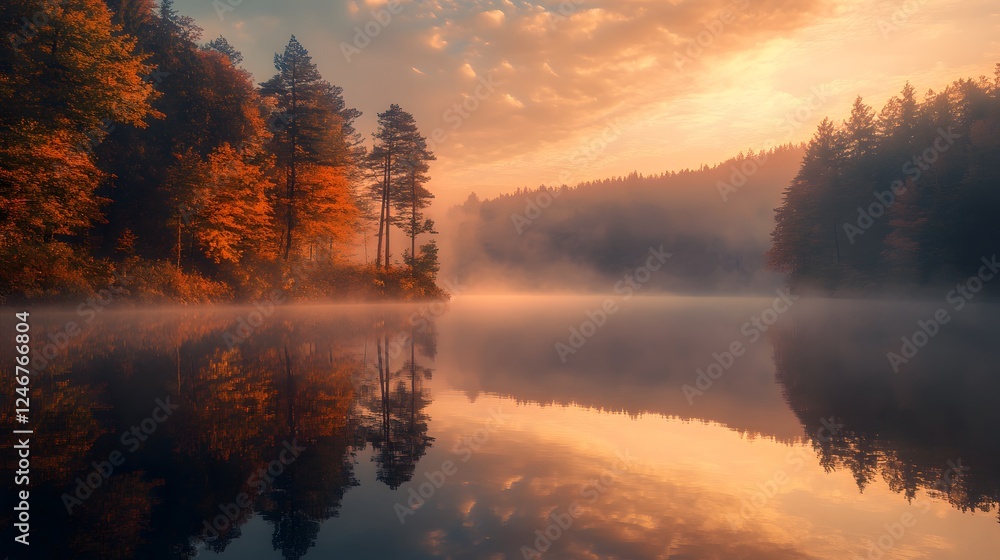 Fototapeta premium Autumn Sunrise Over Misty Lake With Colorful Trees