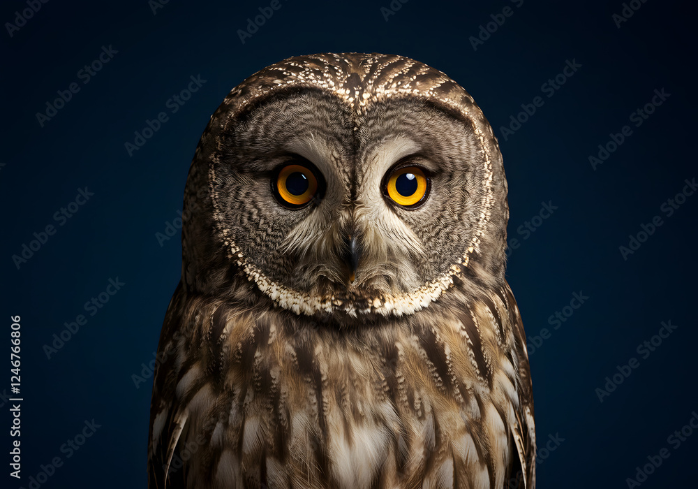 Obraz premium Owl with an intense, serious gaze, staring directly ahead on a dark navy background
