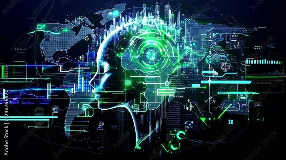 A woman's head with a futuristic interface in the background A woman's head with a futuristic interface in the background