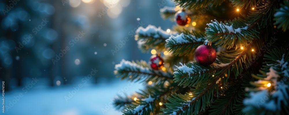 Pine tree decorated with snowflakes and sparkly lights, sparkling, festive, winter Pine tree decorated with snowflakes and sparkly lights, sparkling, festive, winter