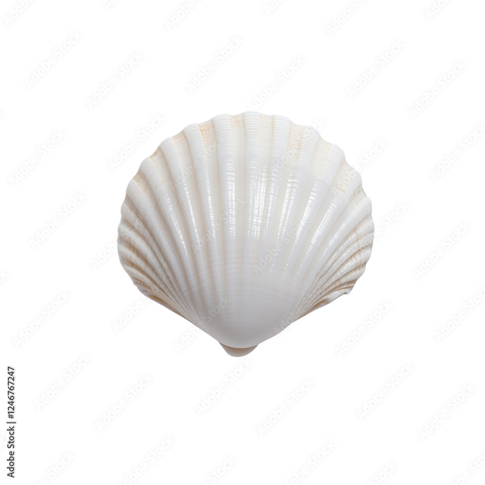 A smooth, white seashell with prominent ridges and a rounded shape. A smooth, white seashell with prominent ridges and a rounded shape.