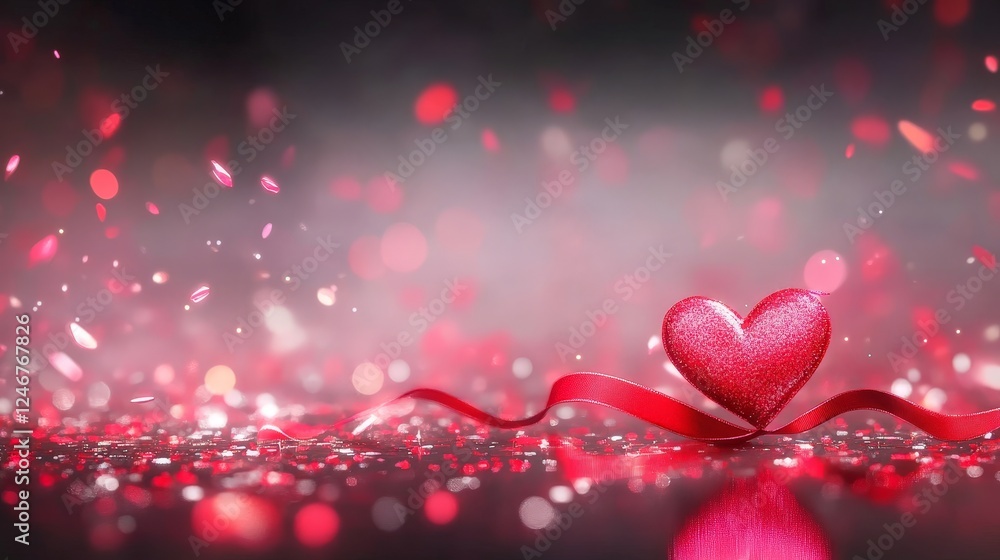 Velentinr's Day Heart Shaped Object with a Red Ribbon Elegantly Displayed on a Deep Black Background Evoking Feelings of Love Romance and Celebration in a Minimalist Style Bokeh Velentinr's Day Heart Shaped Object with a Red Ribbon Elegantly Displayed on a Deep Black Background Evoking Feelings of Love Romance and Celebration in a Minimalist Style Bokeh