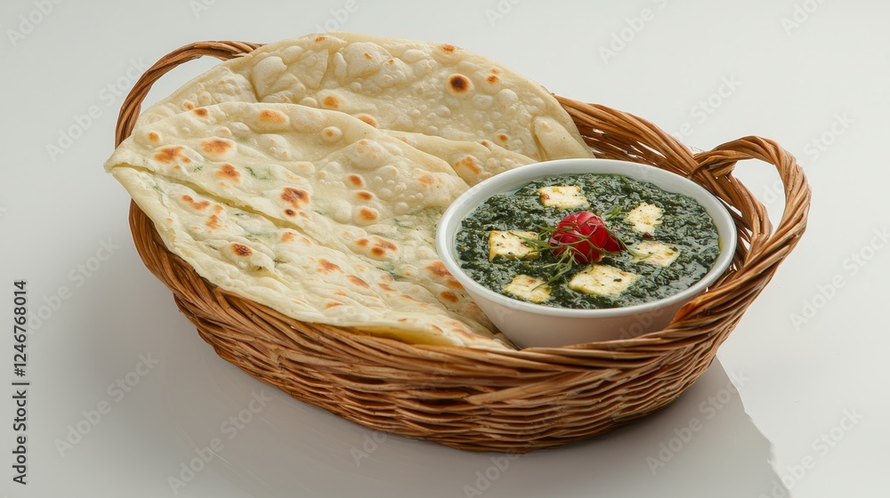 Beautifully Arranged Palak Paneer Served with Soft Indian Bread in a Basket Beautifully Arranged Palak Paneer Served with Soft Indian Bread in a Basket