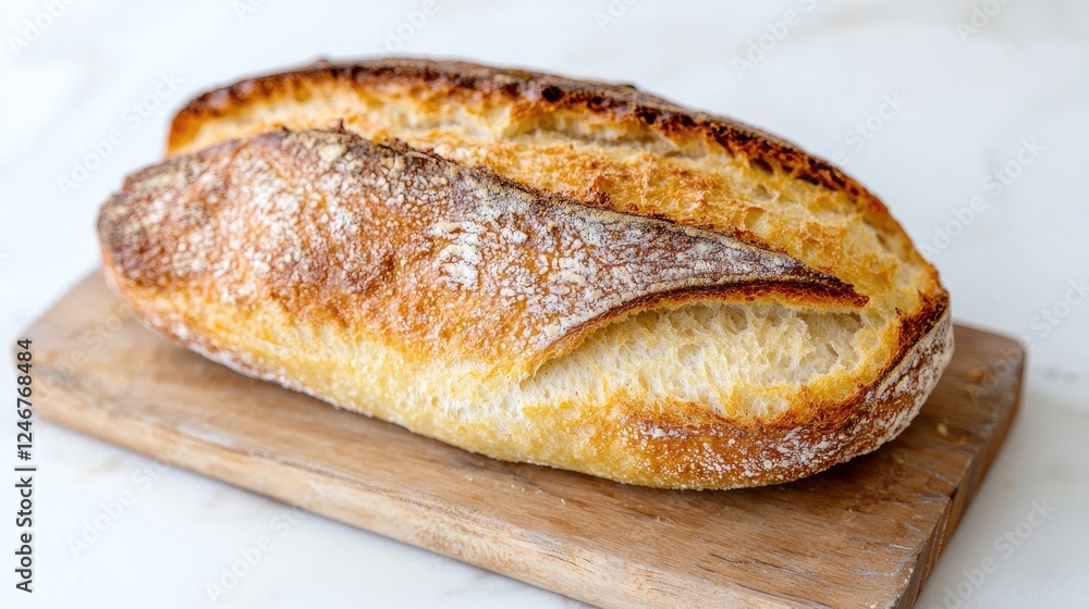 Crusty sourdough bread on wooden board. Kitchen background. Food photography Crusty sourdough bread on wooden board. Kitchen background. Food photography
