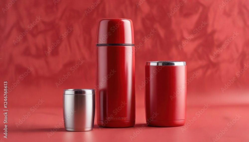 Stylish Red and Silver Vacuum Insulated Tumblers and Bottle Set for Hot or Cold Beverages Stylish Red and Silver Vacuum Insulated Tumblers and Bottle Set for Hot or Cold Beverages