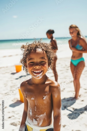 Kids joyfully playing on the beach while parents ensure sun safety with sunscreen application