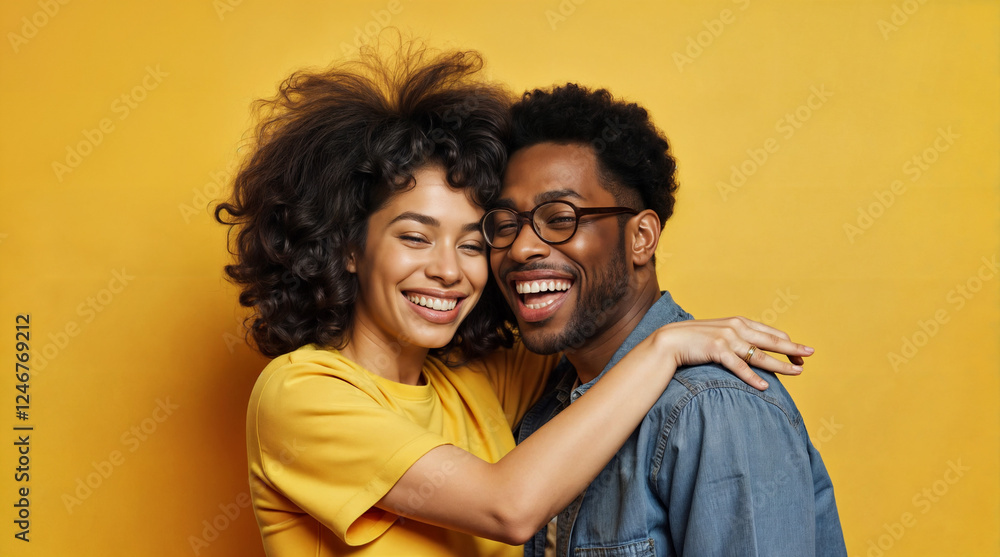 Obraz premium Happy couple embracing. Joyful smiles. Yellow background. Relationship goals.