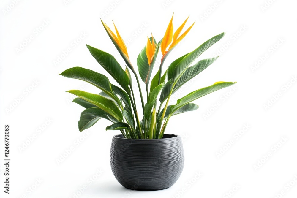 Elegant Strelitzia plant in a modern pot on a white background with vibrant colors and sharp details Elegant Strelitzia plant in a modern pot on a white background with vibrant colors and sharp details