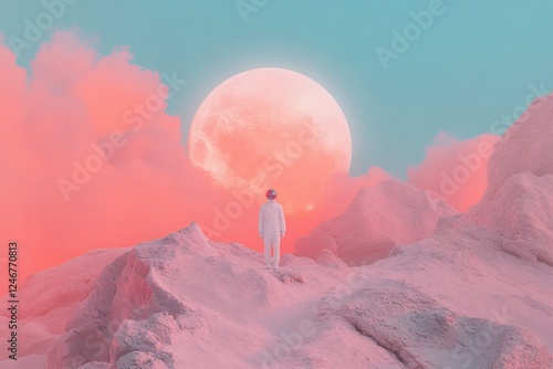 Neon wildlife in space craft exploring a surreal landscape illuminated by a giant moon photo