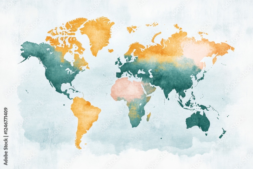 Fototapeta premium A soft watercolor painting of a world map blending vibrant blues, greens, and earth tones