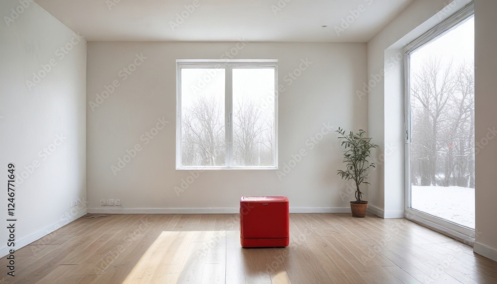 Fototapeta premium Empty room with hardwood floors, large windows, and a small red appliance