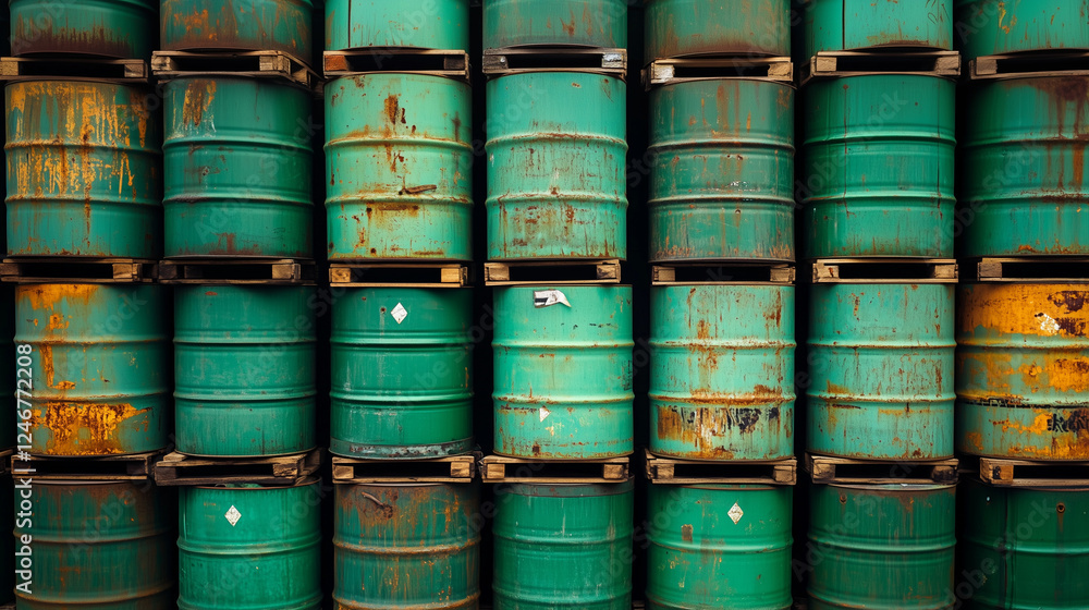 Stacked green oil barrels with rust and markings Stacked green oil barrels with rust and markings