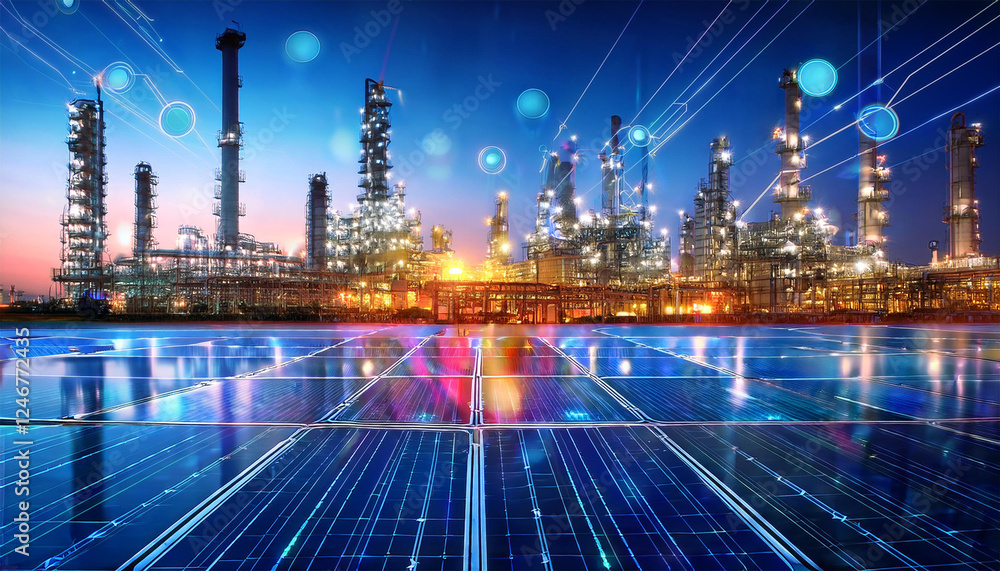 Fototapeta premium a vibrant industrial landscape showcasing oil refineries illuminated against a digital backdrop highlighting technology s integration with energy production