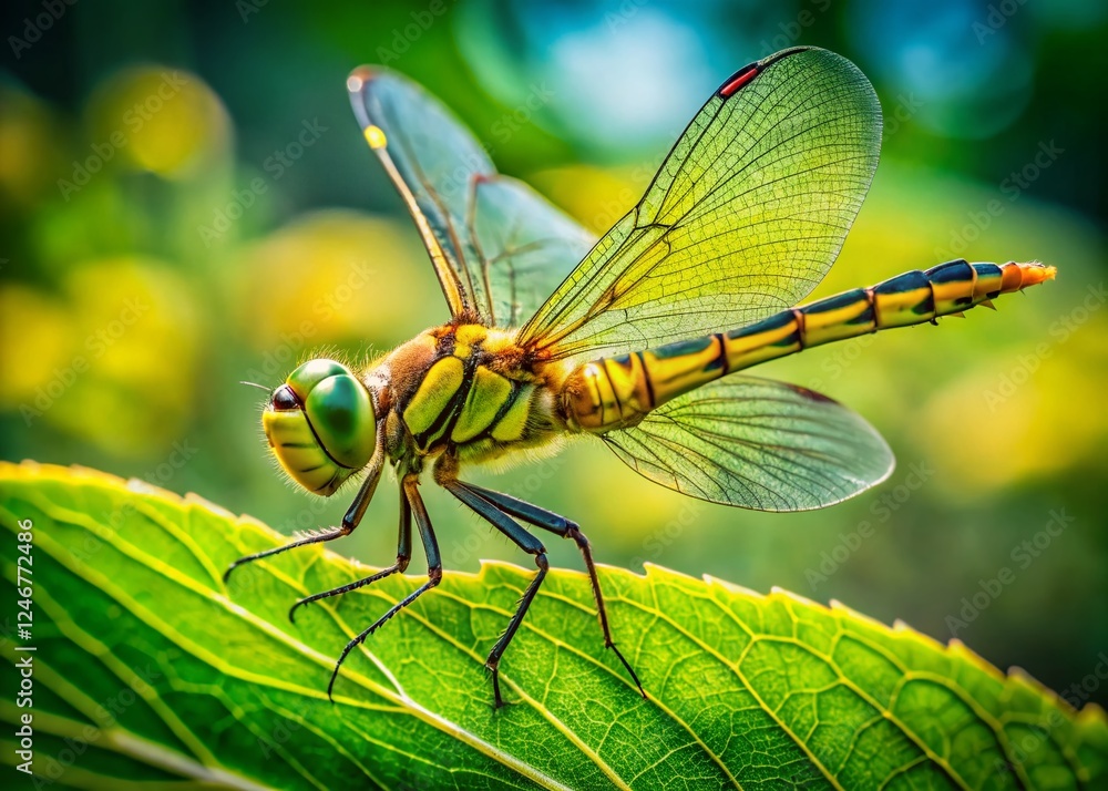Green-Yellow Dragonfly on Leaf - Candid Nature Photography Green-Yellow Dragonfly on Leaf - Candid Nature Photography