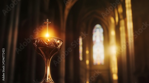 An ornate golden chalice glowing with divine light, featuring intricate engravings, luxurious gold detailing, and a radiant aura, symbolizing holiness, spirituality, and sacred religious significance. photo