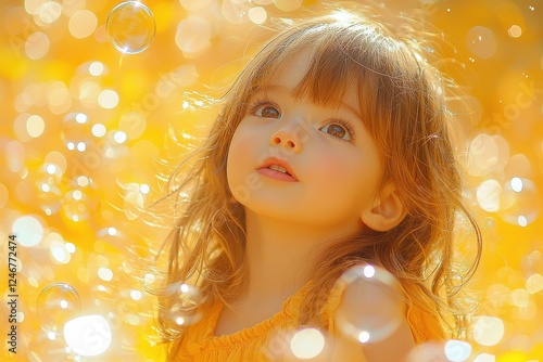 Child enjoying bubble play in a bright yellow setting during a sunny afternoon in the park photo