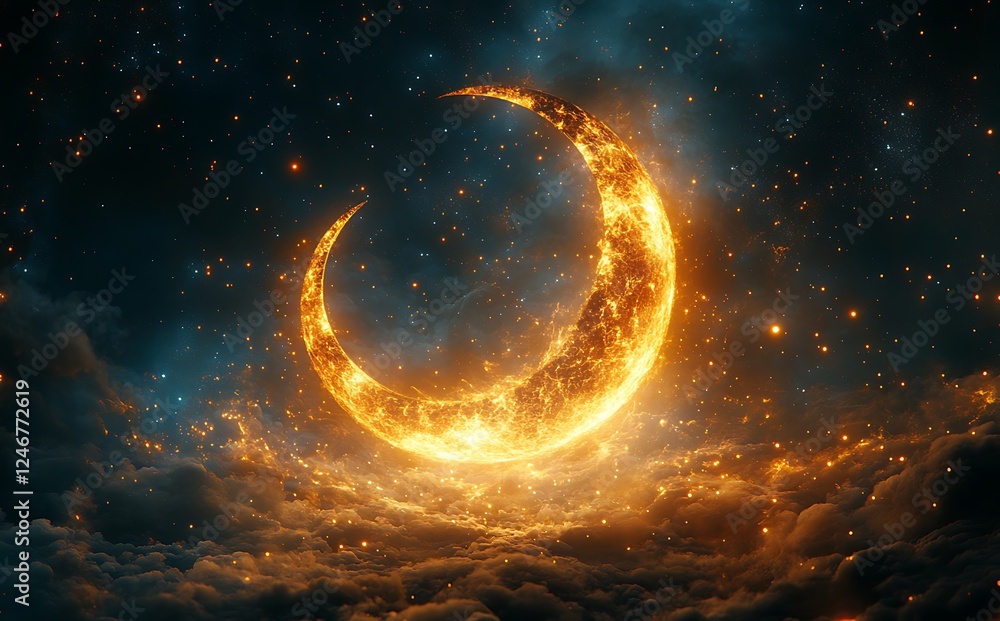 Luminous Crescent Moon Glowing in a Starry Sky, Surrounded by Soft, Swirling Clouds, Creating a Mystical Atmosphere
Luminous Crescent Moon Glowing in a Starry Sky, Surrounded by Soft, Swirling Clouds, Creating a Mystical Atmosphere