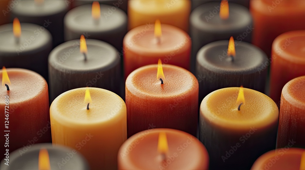 Close-up view of numerous burning candles in autumnal shades of orange, amber, and dark gray, arranged in a grid pattern, showcasing a warm and inviting ambiance. Close-up view of numerous burning candles in autumnal shades of orange, amber, and dark gray, arranged in a grid pattern, showcasing a warm and inviting ambiance.