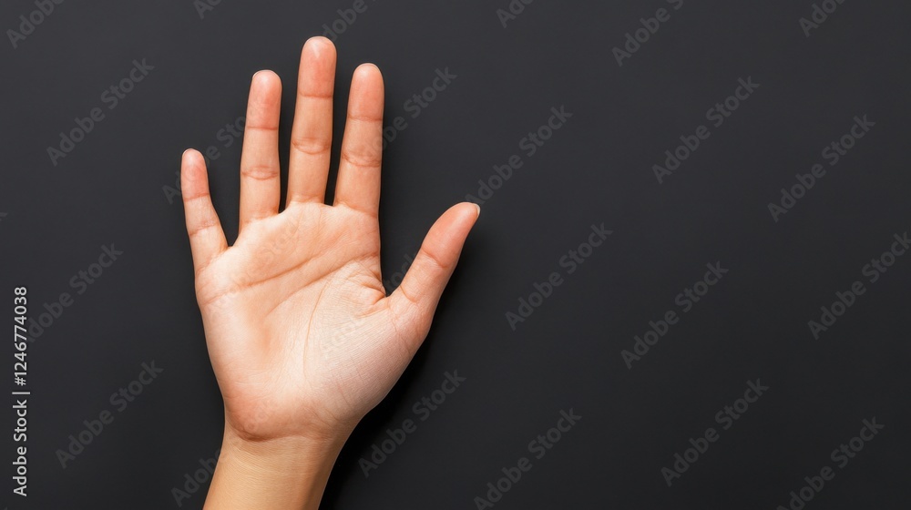 Human hand in palm up position against a dark background showcasing gesture of openness and invitation to interact Human hand in palm up position against a dark background showcasing gesture of openness and invitation to interact