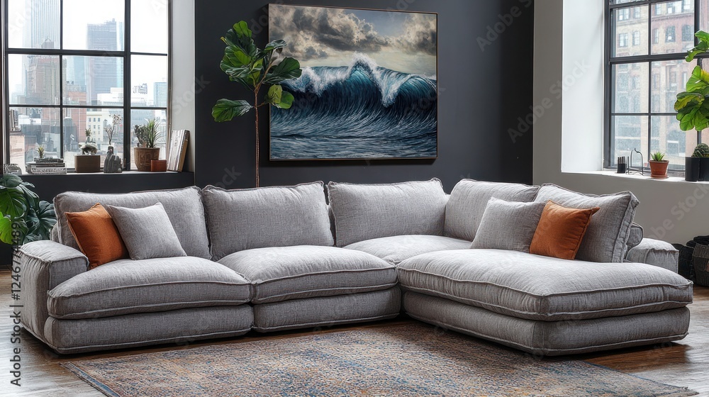 Fototapeta premium Grey sectional sofa, loft apartment, ocean wave art