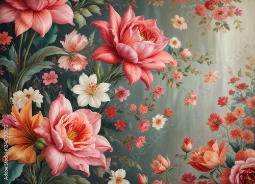 A vibrant bouquet of pink, orange, and white blossoms arranged artfully against a muted green backdrop