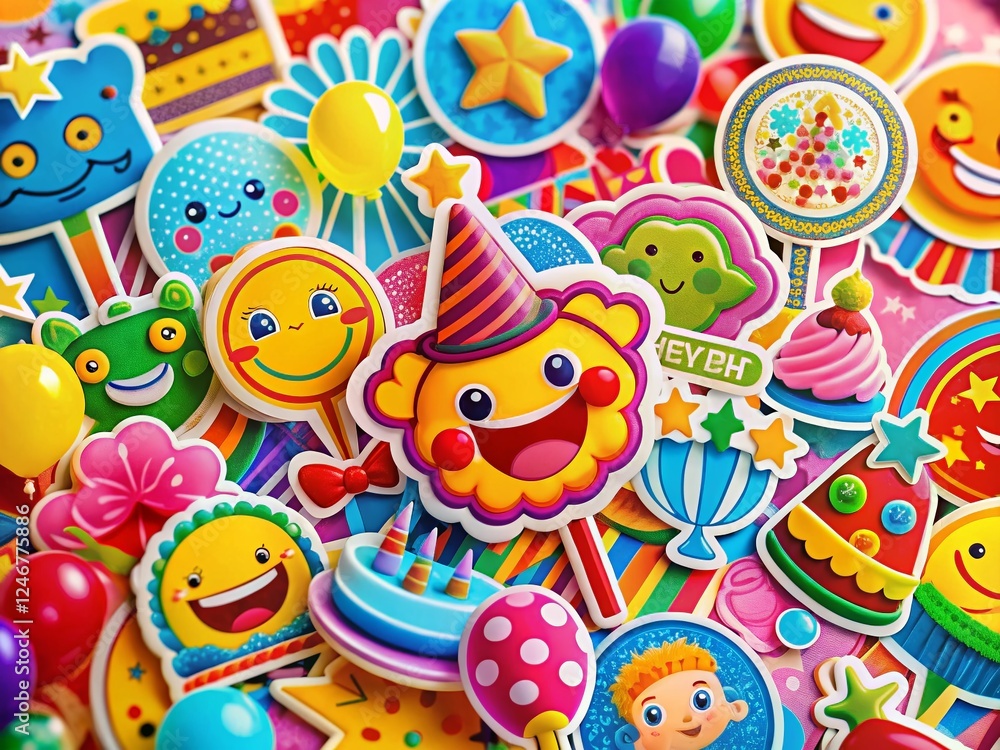 Fototapeta premium Happy Birthday Stickers & Signs: Colorful Party Celebration Decorations