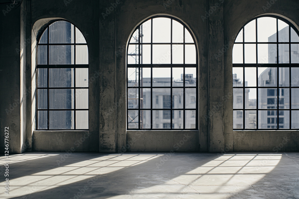 Fototapeta premium industrial room perspective, arched windows