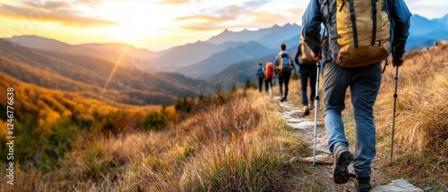 Group of people hiking together on a scenic mountain trail under a clear blue sky