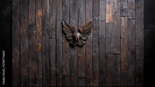 Wooden eagle carving on dark wood wall; interior design photo