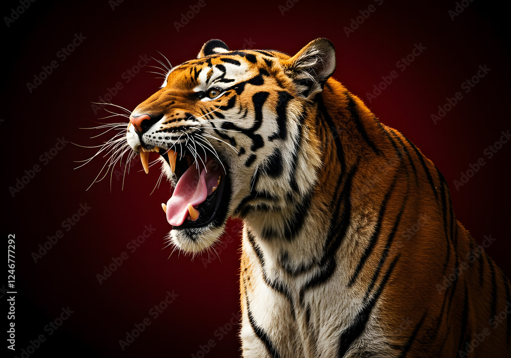 Fototapeta premium Tiger with a fierce roar, mouth wide open, fangs visible, against a dark red background