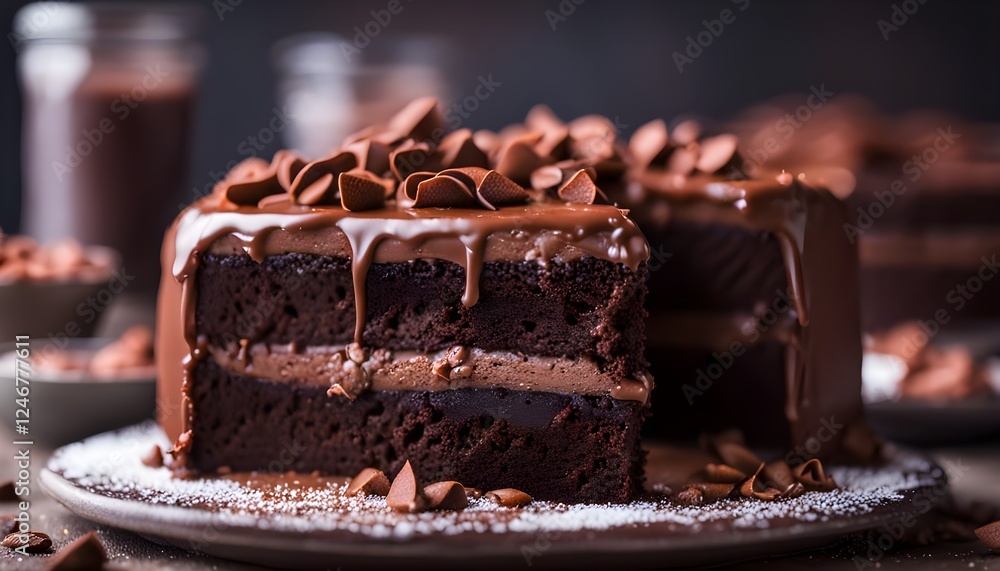 Chocolate cake with filling and cocoa. Close-up. Chocolate cake with filling and cocoa. Close-up.