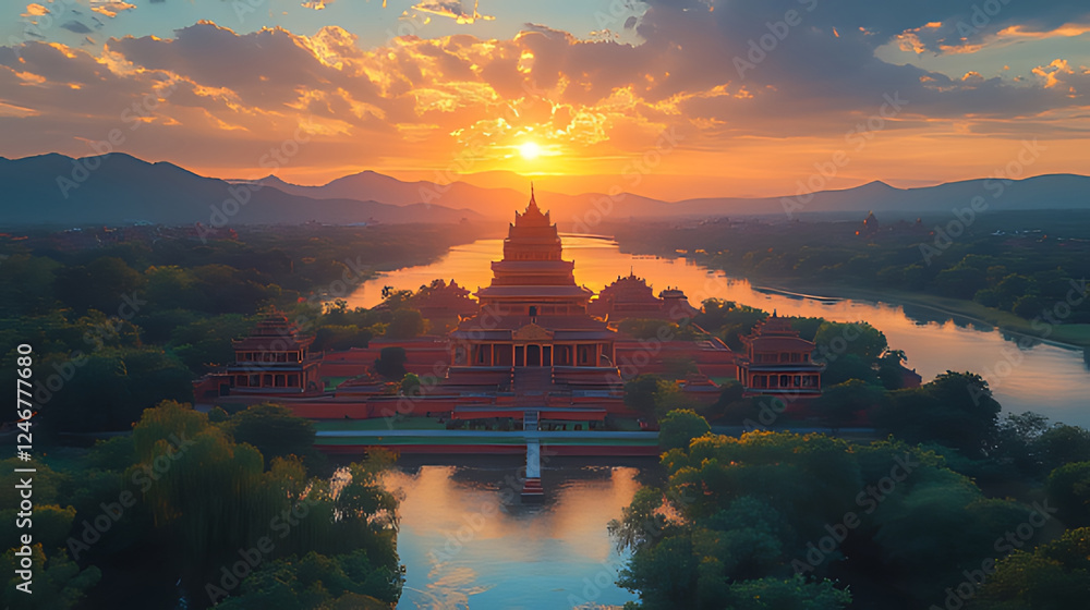 Obraz premium Sunset aerial view, temple island, river, mountains, Myanmar, travel brochure
