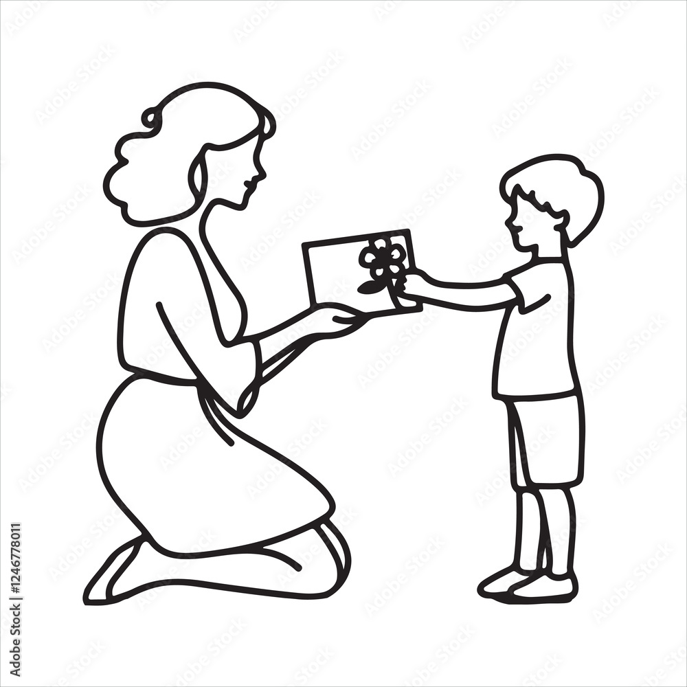 Single one line One continuous single drawing black line art doodle of a child presenting a handmade card to their mother on holiday silhouette on white background
Single one line One continuous single drawing black line art doodle of a child presenting a handmade card to their mother on holiday silhouette on white background