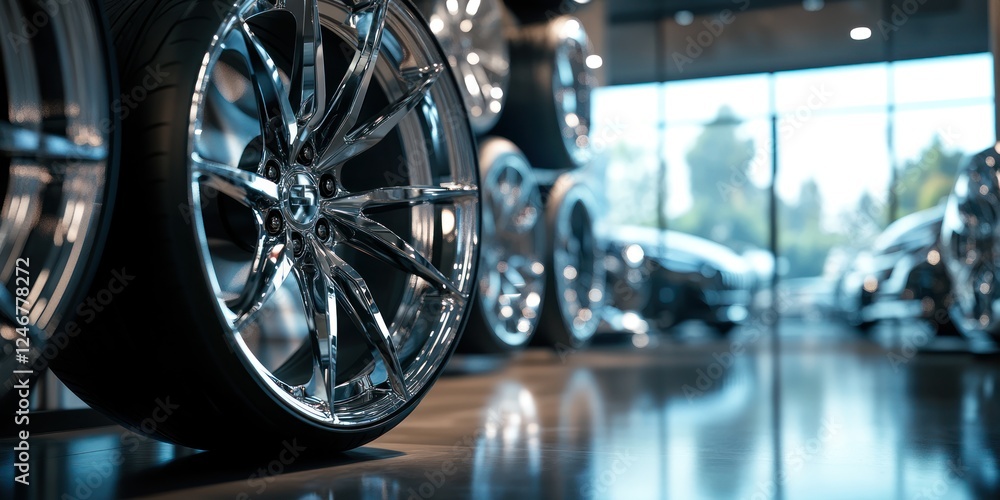 Fototapeta premium A creative shot of polished aluminum wheels displayed in an automotive showroom, highlighting their modern design