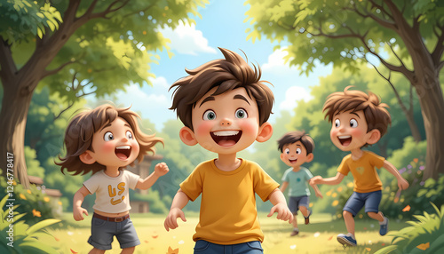 funny cartoon boy playing outdoors with friends on sunny park day
