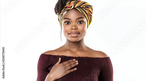 Confident Young Black Woman in Maroon Top and Colorful Head Wrap photo