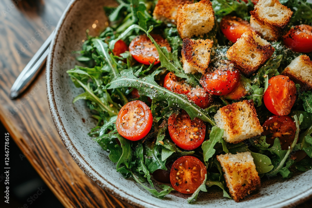 Bowl of salad with tomatoes and bread on wooden table. Bowl of salad with tomatoes and bread on wooden table.