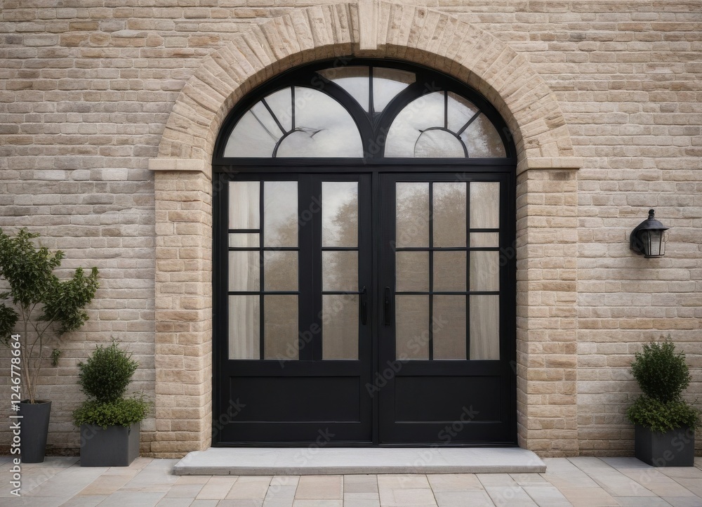 Fototapeta premium Elegant black double doors with arched transom window set in a light beige brick wall